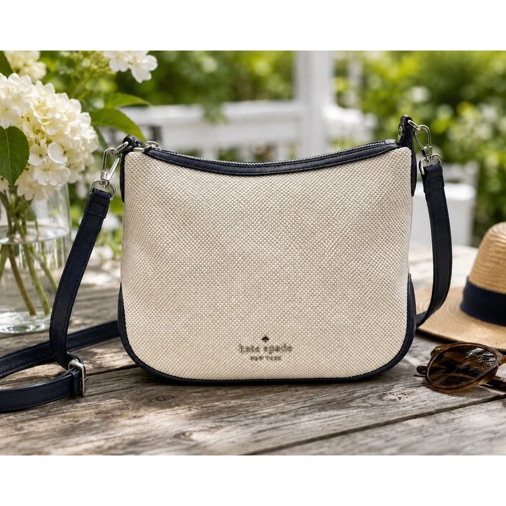 Kate Spade Rosie Canvas Leather Crossbody Shoulder Messenger Bag Navy Cream EUC